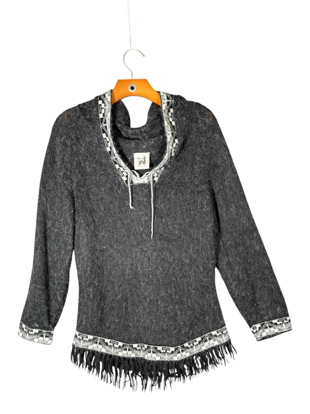 100% Alpaca Pull Over Swearer With Fringe Southwestern Trim S